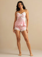 Seda Pura Encaje Tirantes Espaguetis Escote En V Elegante Camisole Set