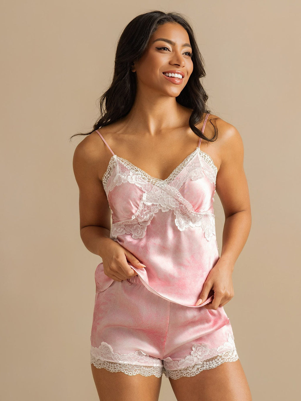 Seda Pura Encaje Tirantes Espaguetis Escote En V Elegante Camisole Set