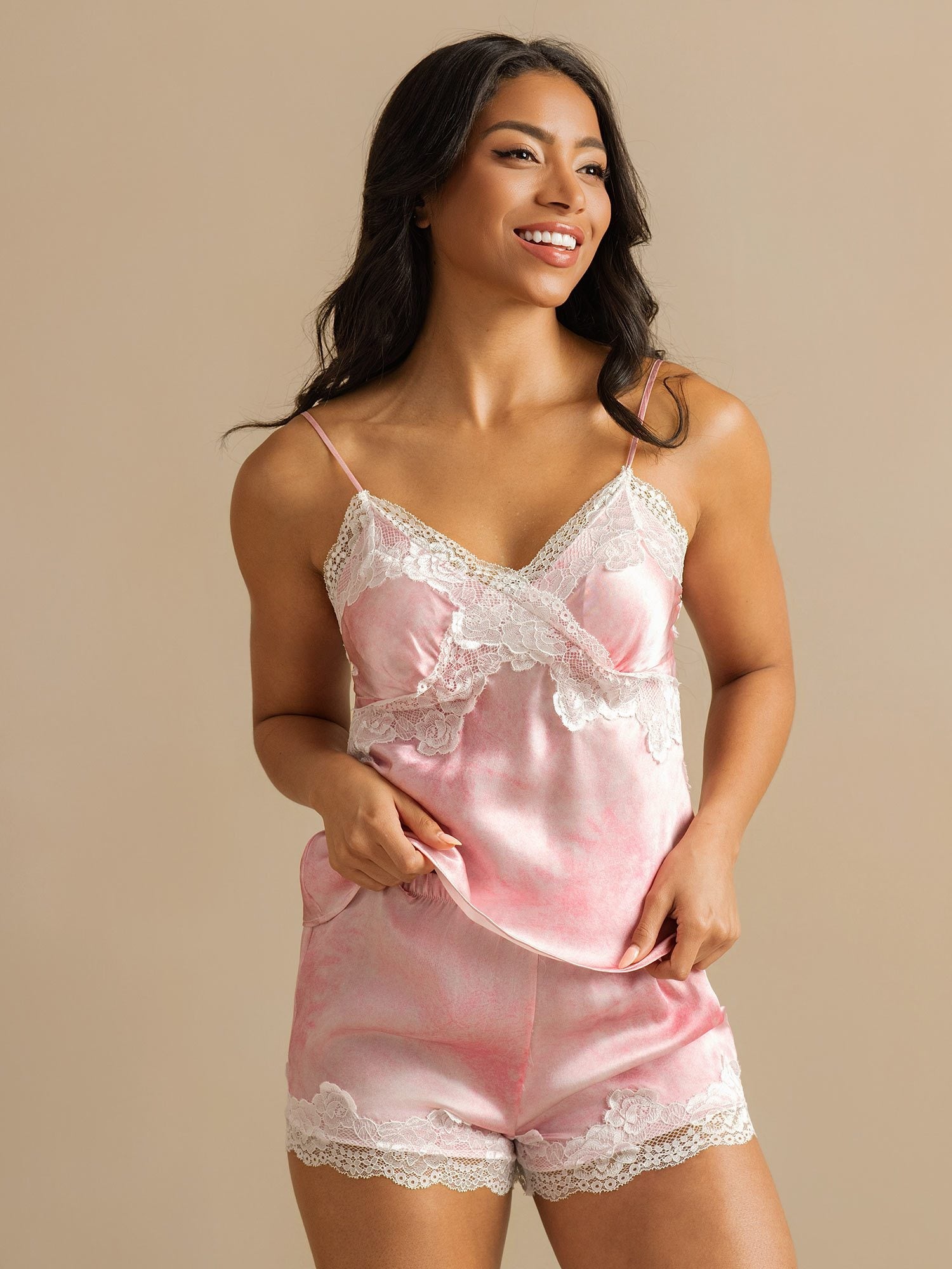 Seda Pura Encaje Tirantes Espaguetis Escote En V Elegante Camisole Set