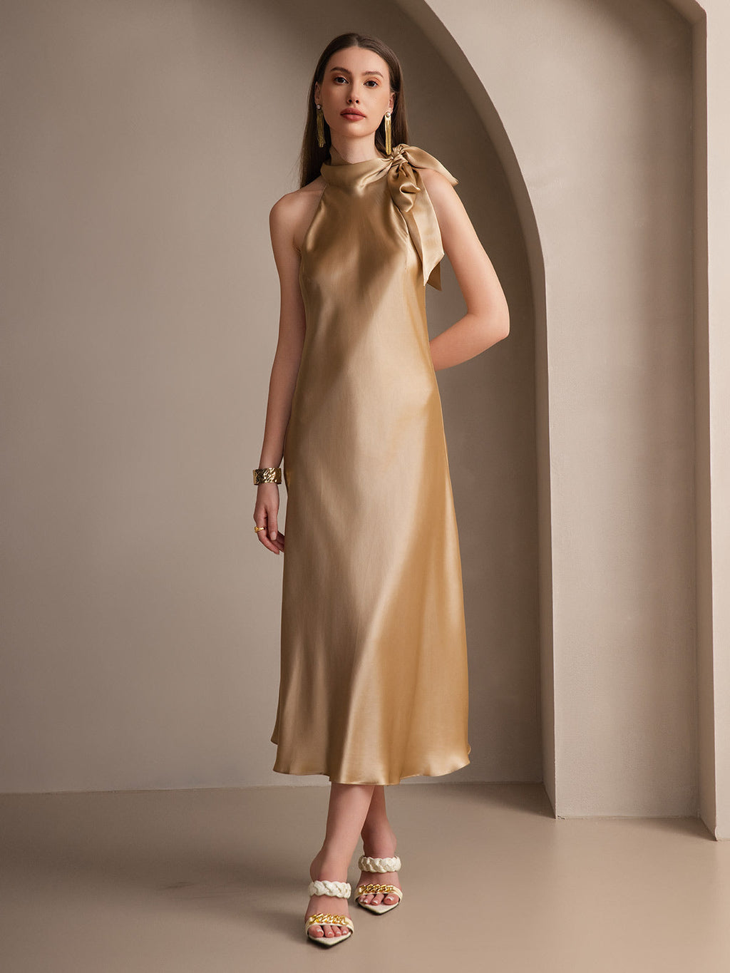 19Momme Seda Cuello Atado Vestido