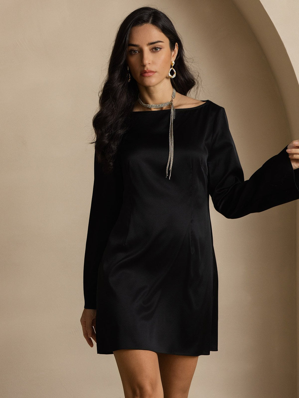 19Momme Vestido Elegante de Seda de Manga Larga