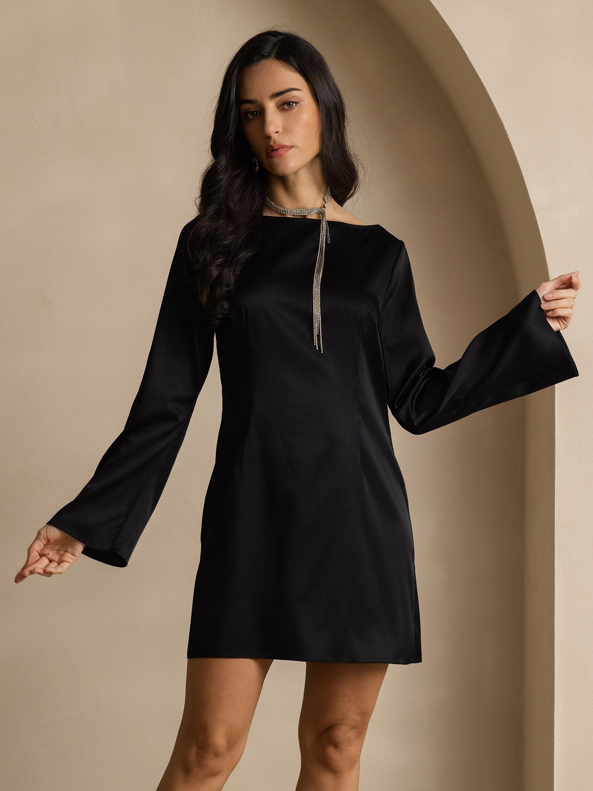 19Momme Vestido Elegante de Seda de Manga Larga