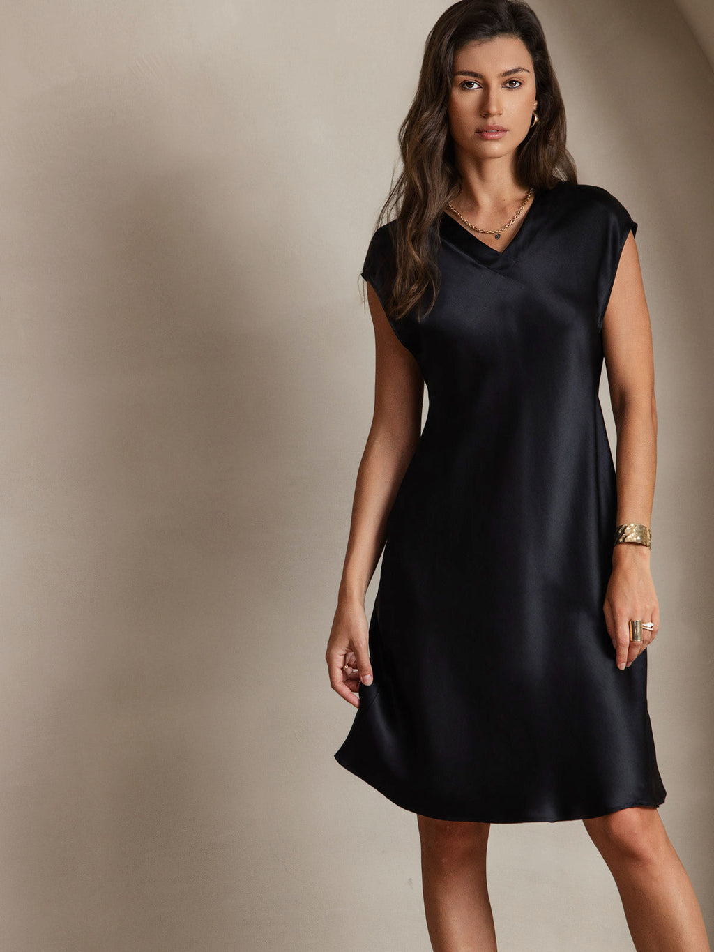 Pura Seda Elegante Cap Sleeve Vestido
