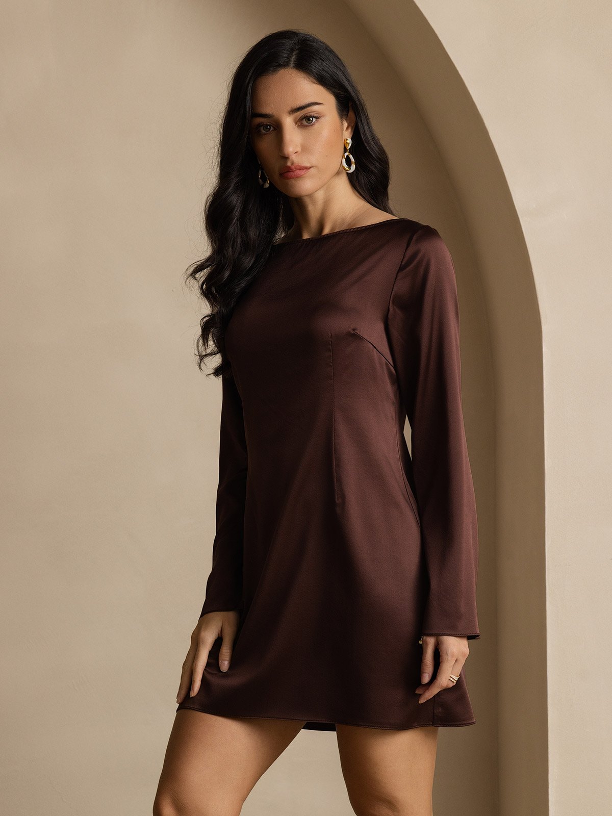 19Momme Vestido Elegante de Seda de Manga Larga
