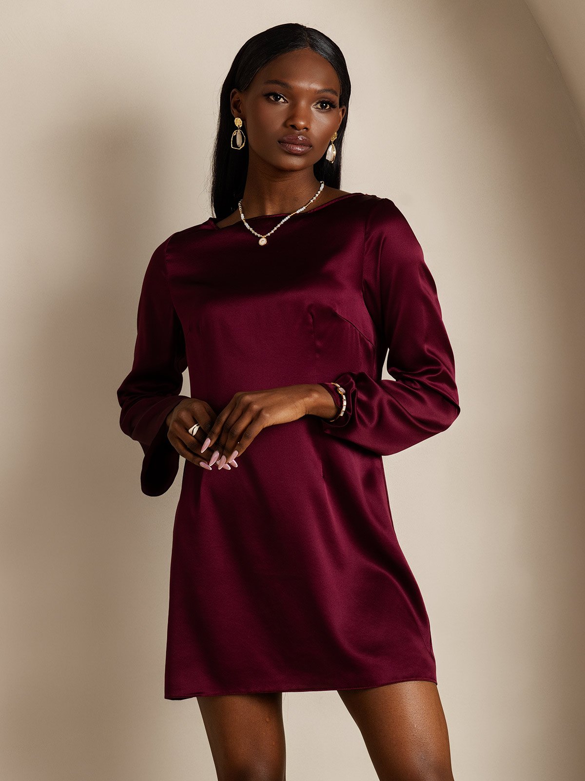 19Momme Vestido Elegante de Seda de Manga Larga