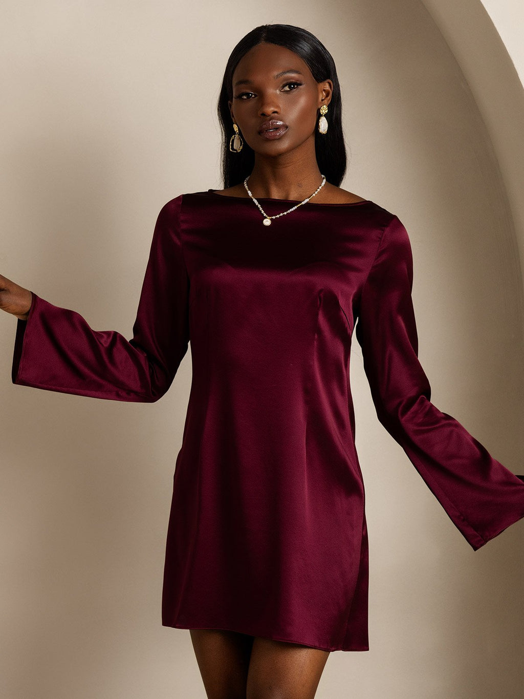 19Momme Vestido Elegante de Seda de Manga Larga