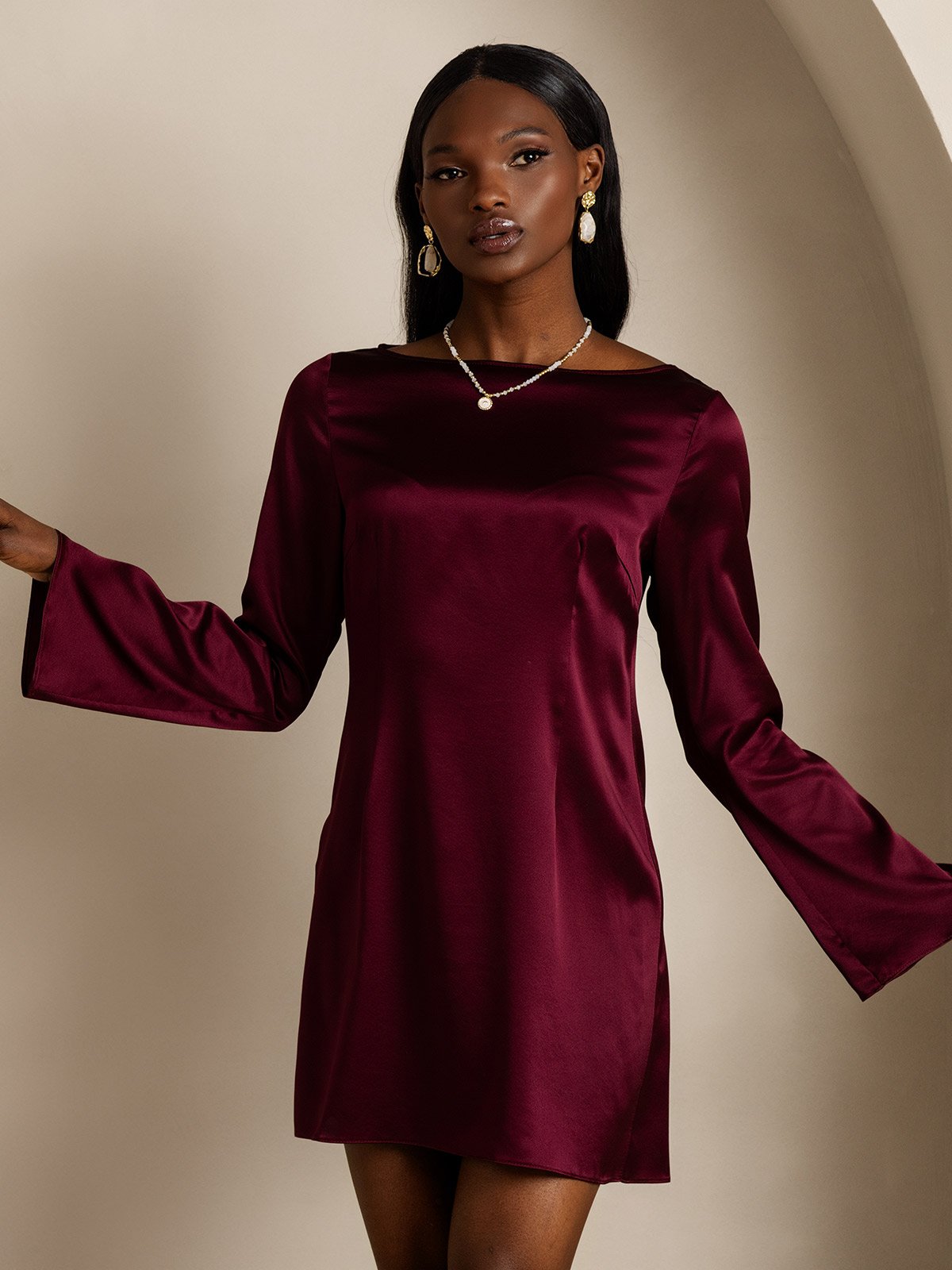 19Momme Vestido Elegante de Seda de Manga Larga