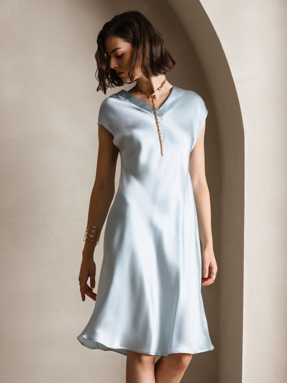 Pura Seda Elegante Cap Sleeve Vestido