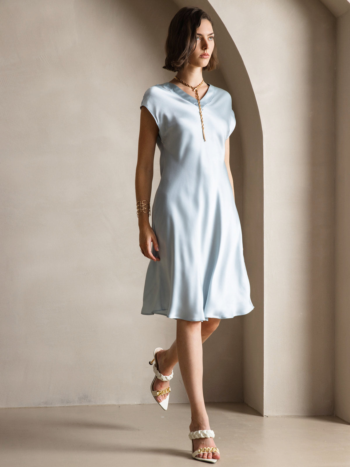 Pura Seda Elegante Cap Sleeve Vestido