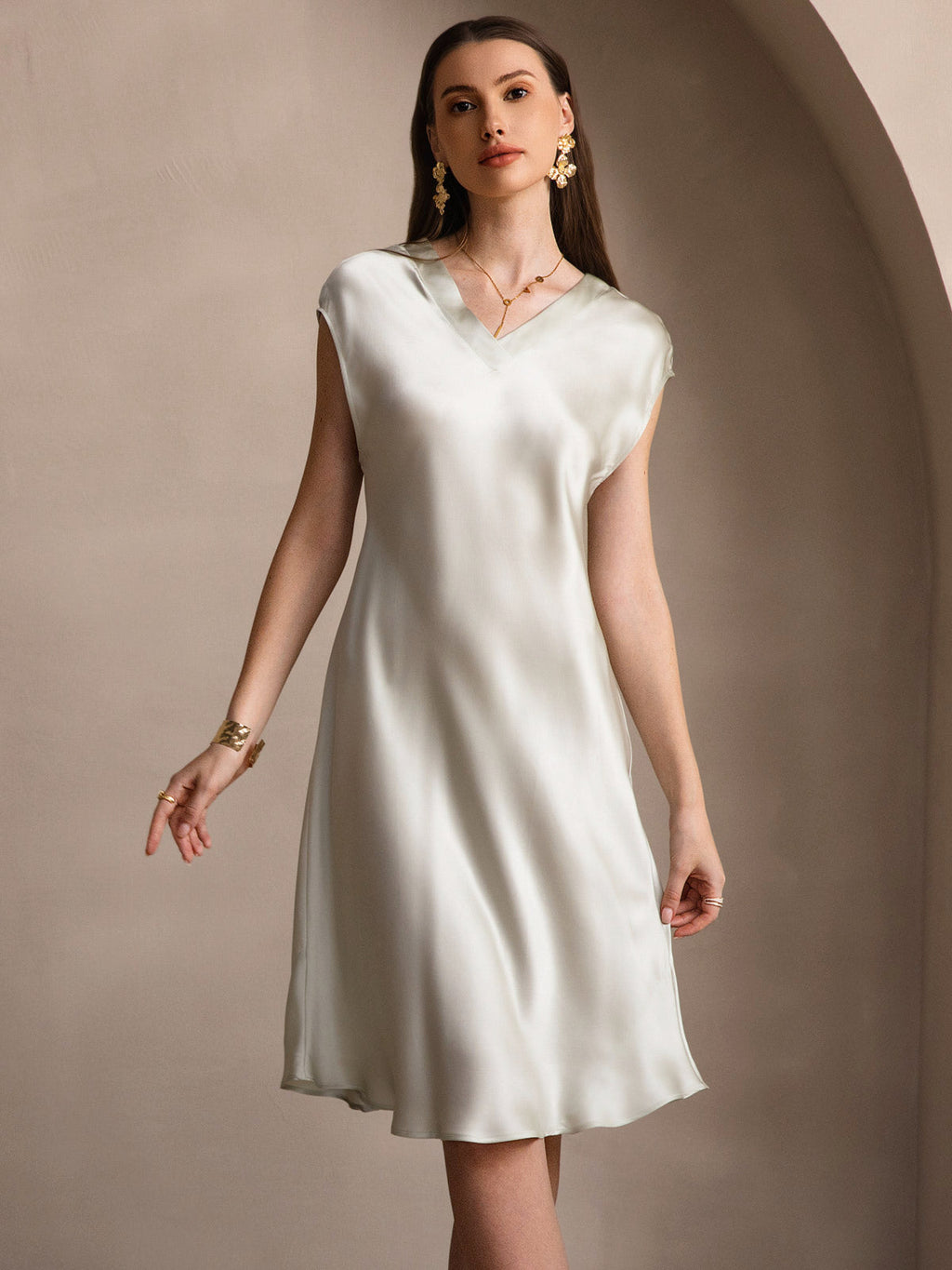 Pura Seda Elegante Cap Sleeve Vestido