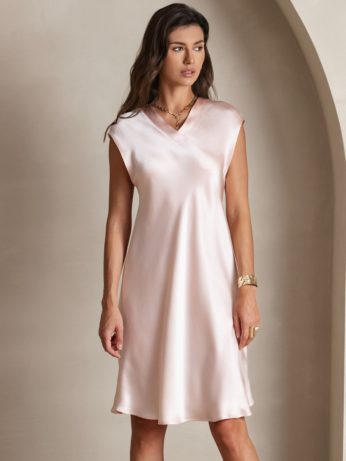 Pura Seda Elegante Cap Sleeve Vestido