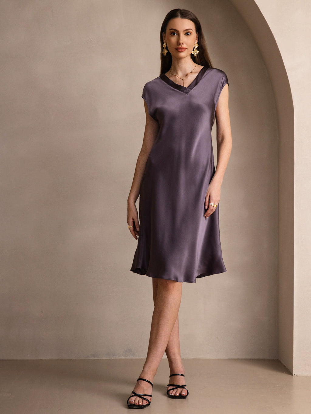 Pura Seda Elegante Cap Sleeve Vestido