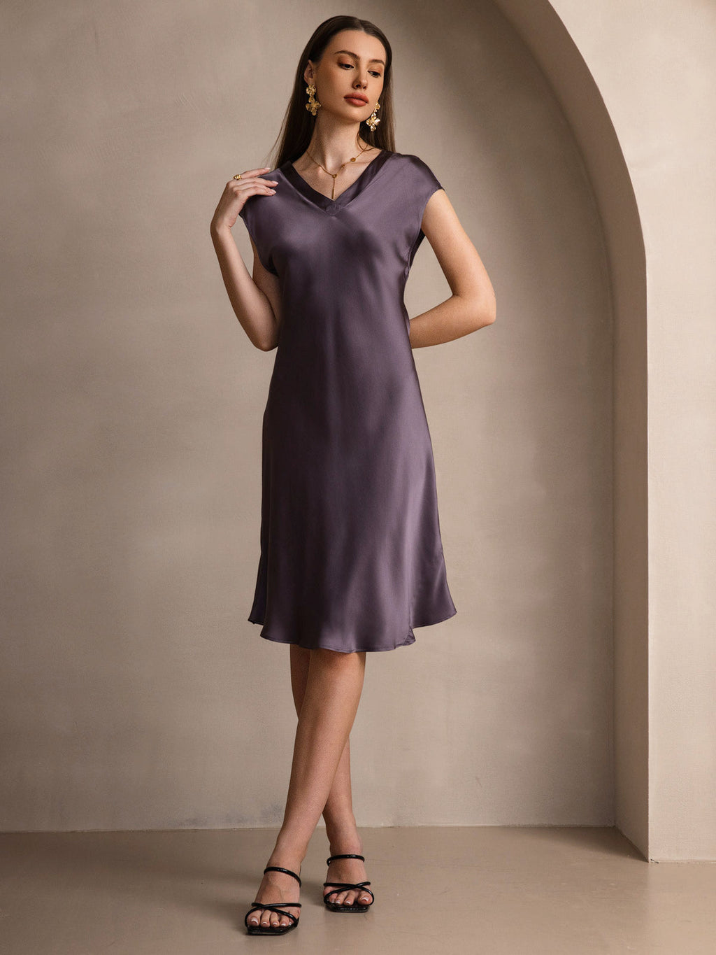 Pura Seda Elegante Cap Sleeve Vestido