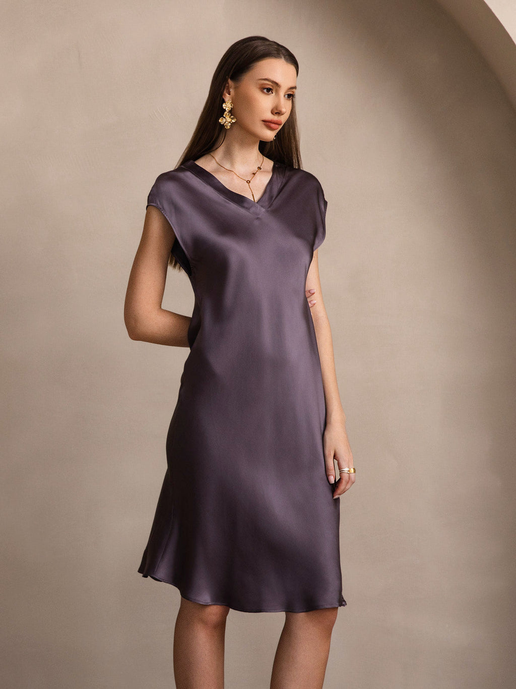 Pura Seda Elegante Cap Sleeve Vestido