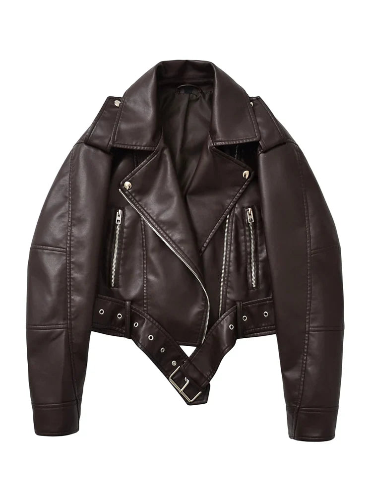 Chaqueta motera vintage de cuero con cinturón