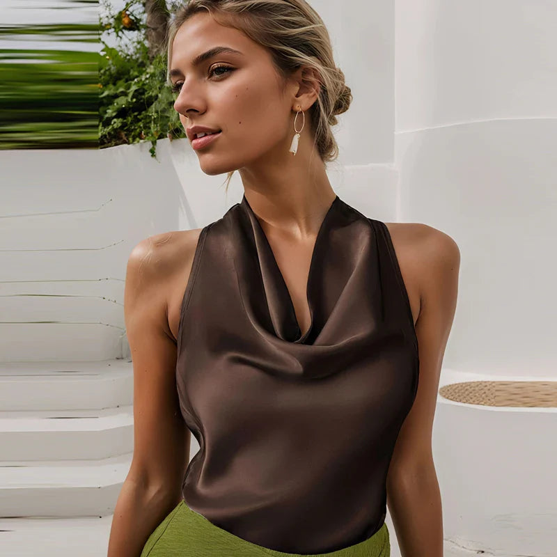 Top corsé de satén con cuello halter para mujer
