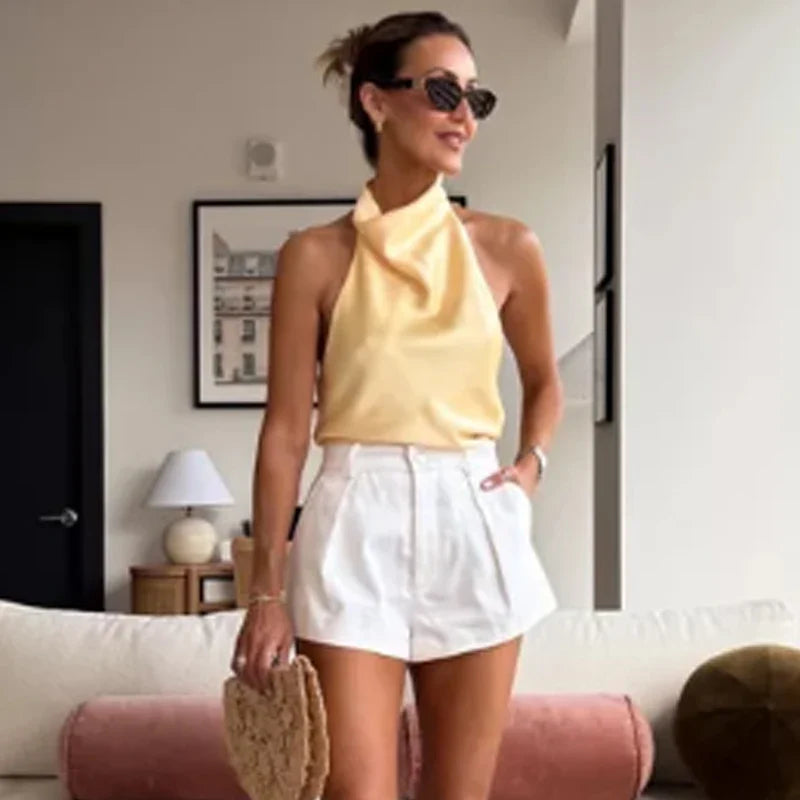 Top corsé de satén con cuello halter para mujer