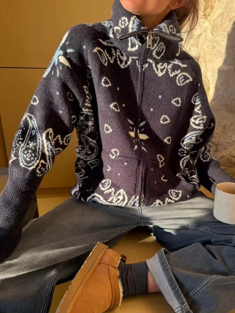 Cárdigan con cremallera y estampado jacquard