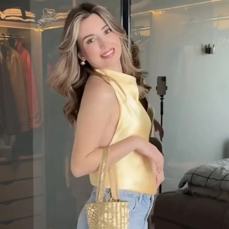 Top corsé de satén con cuello halter para mujer