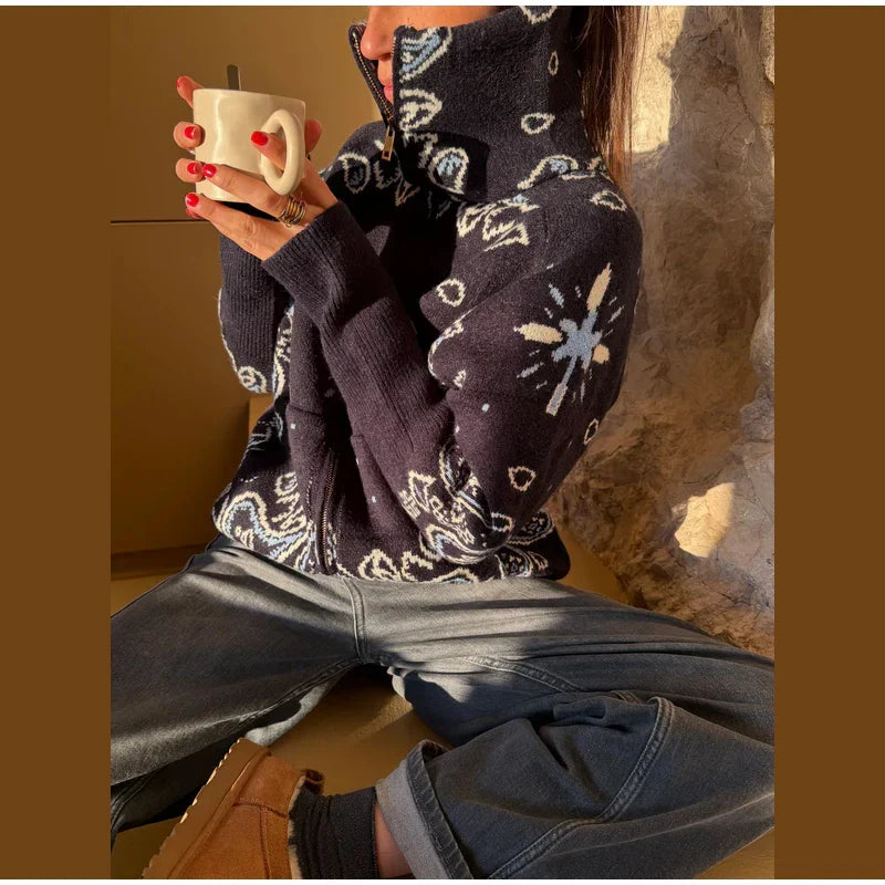 Cárdigan con cremallera y estampado jacquard