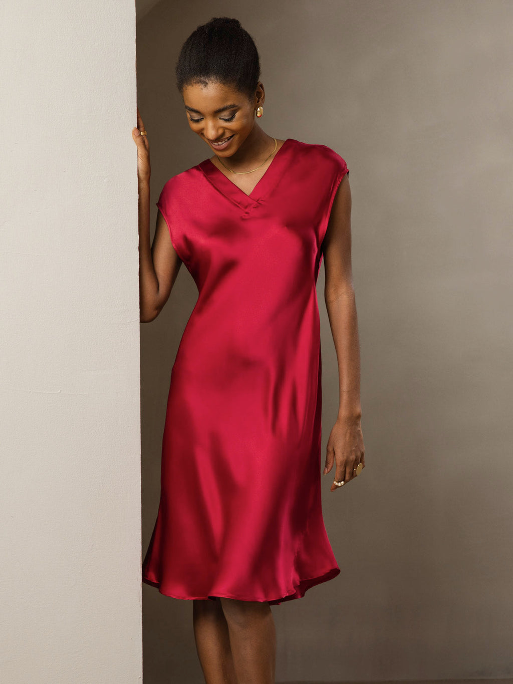 Pura Seda Elegante Cap Sleeve Vestido
