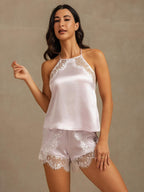 Seda Pura Mujer Sin Mangas Halter Encaje Camisole Set