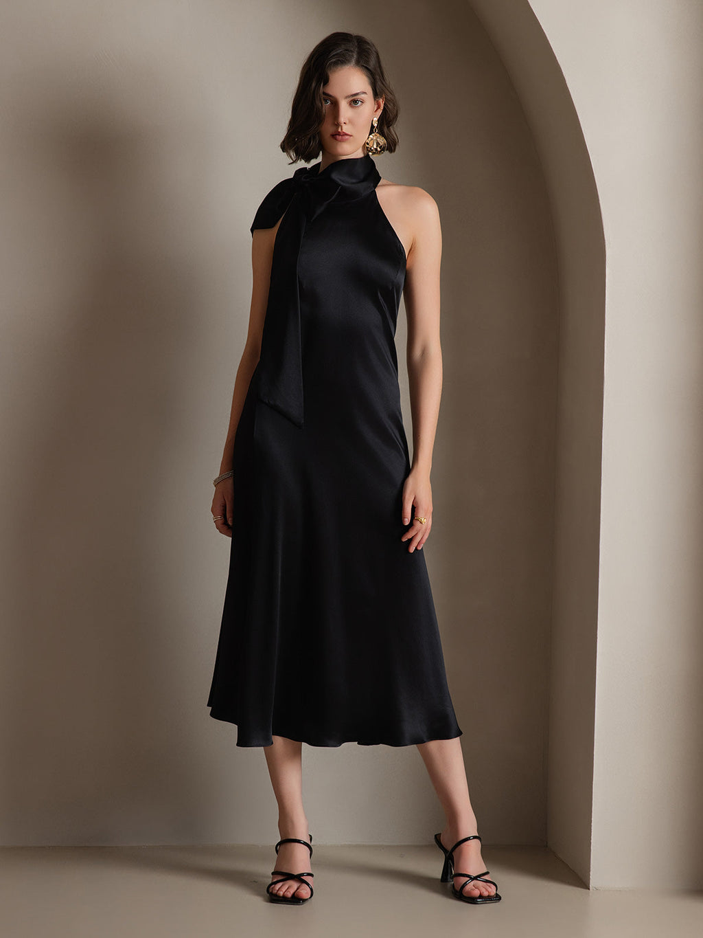 19Momme Seda Cuello Atado Vestido