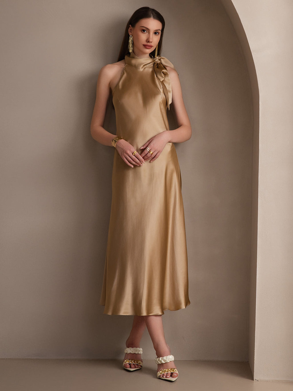 19Momme Seda Cuello Atado Vestido