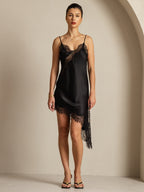 Pure Silk Vestido Corto con Escote en V y dobladillo Asimétrico con Diseño de Encaje