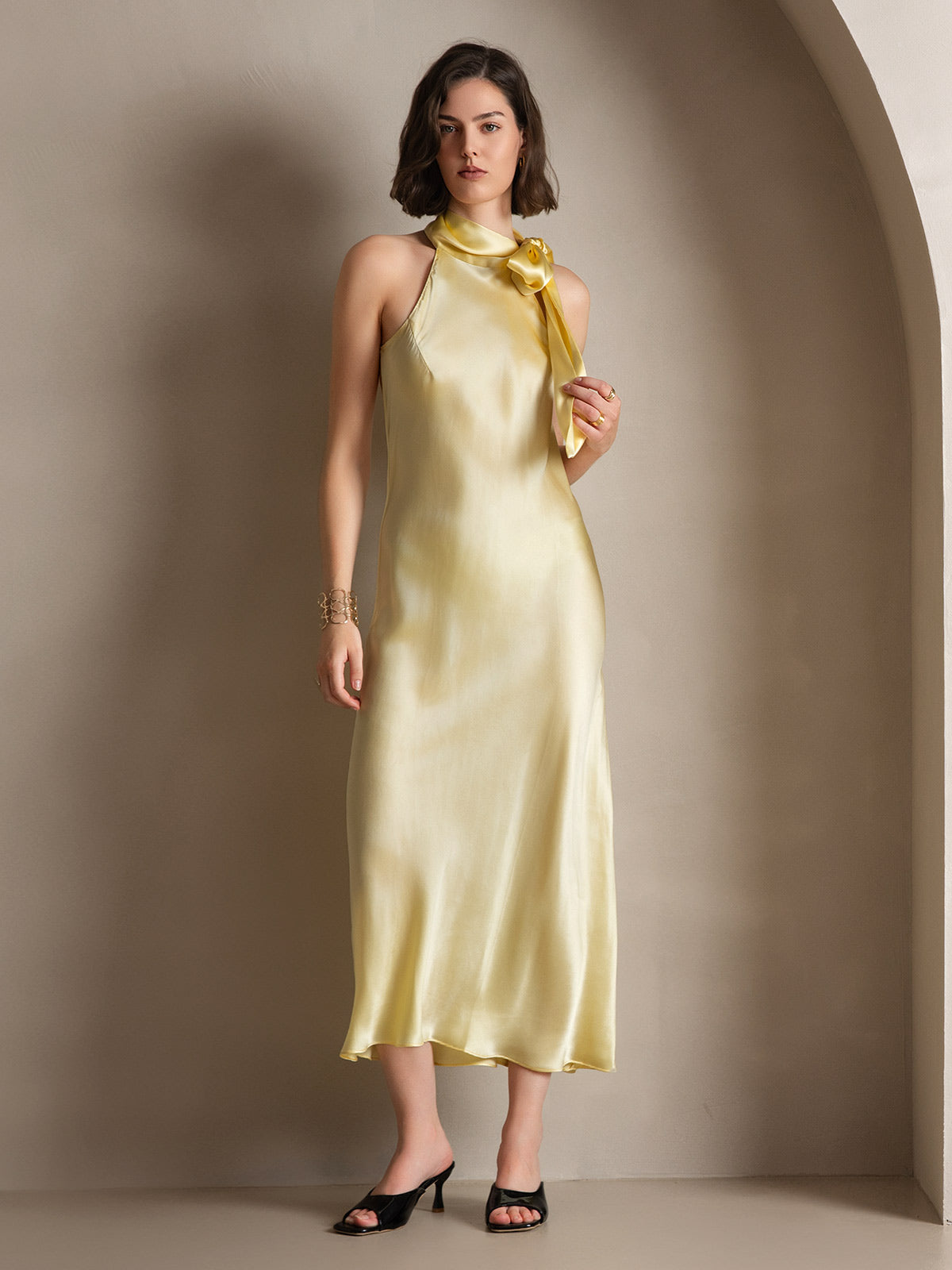 19Momme Seda Cuello Atado Vestido
