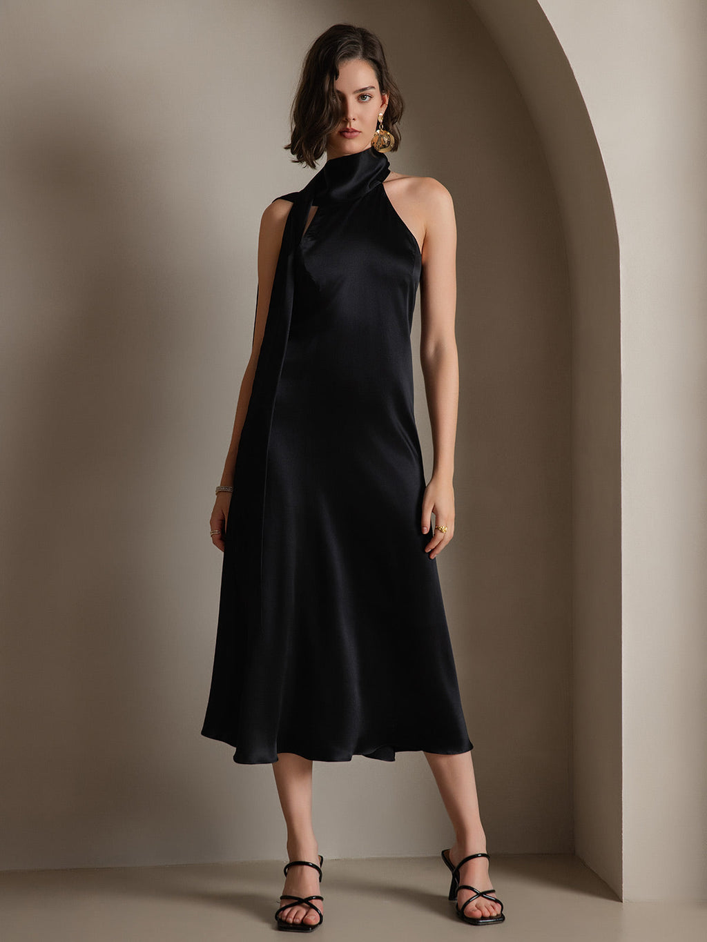 19Momme Seda Cuello Atado Vestido