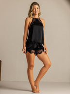 Seda Pura Mujer Sin Mangas Halter Encaje Camisole Set