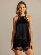 Seda Pura Mujer Sin Mangas Halter Encaje Camisole Set
