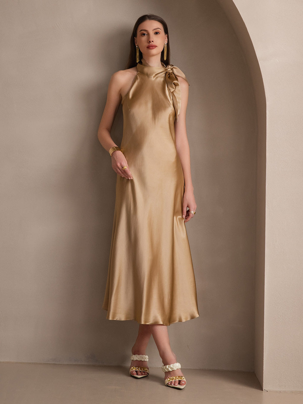 19Momme Seda Cuello Atado Vestido