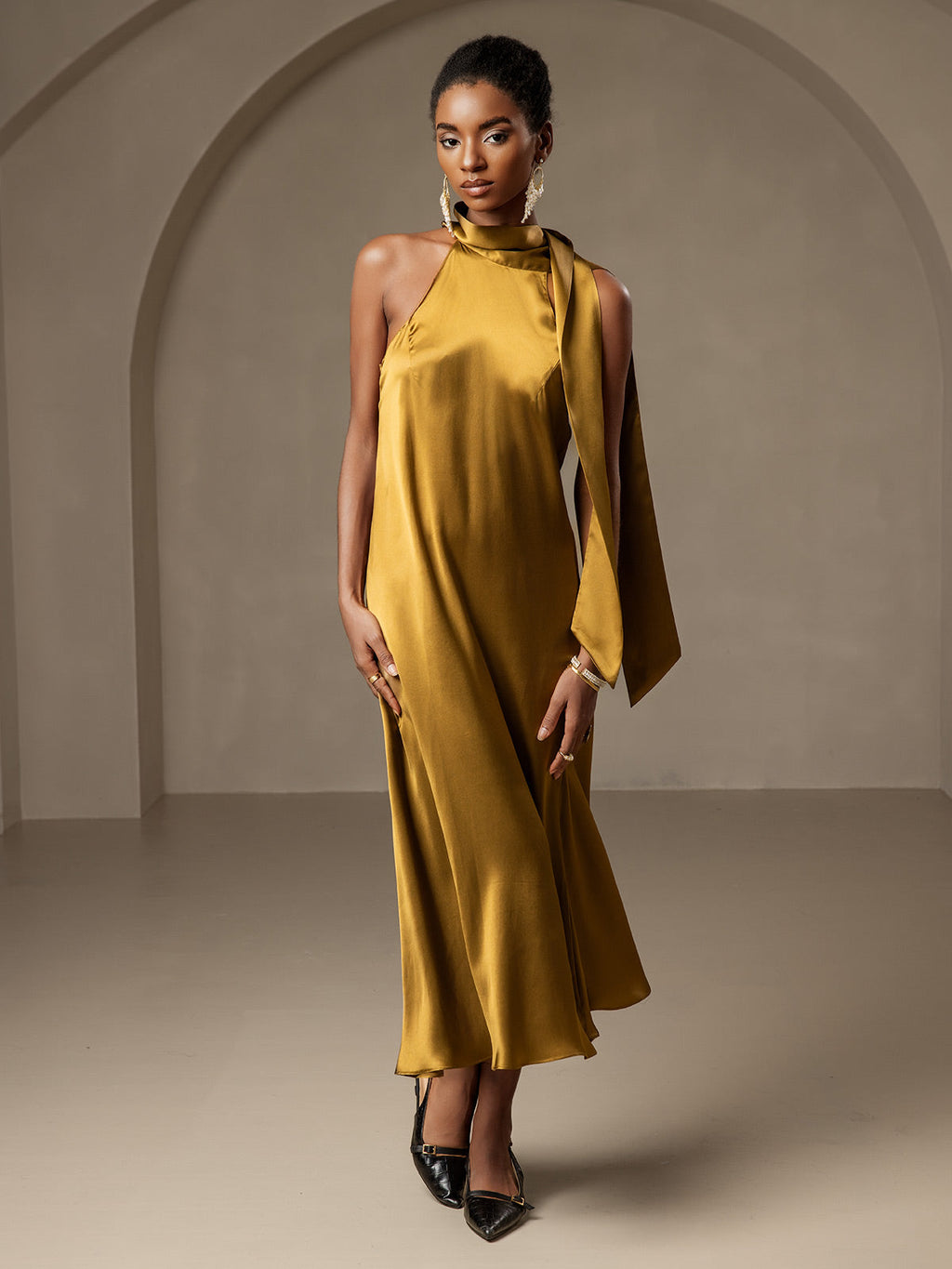 19Momme Seda Cuello Atado Vestido