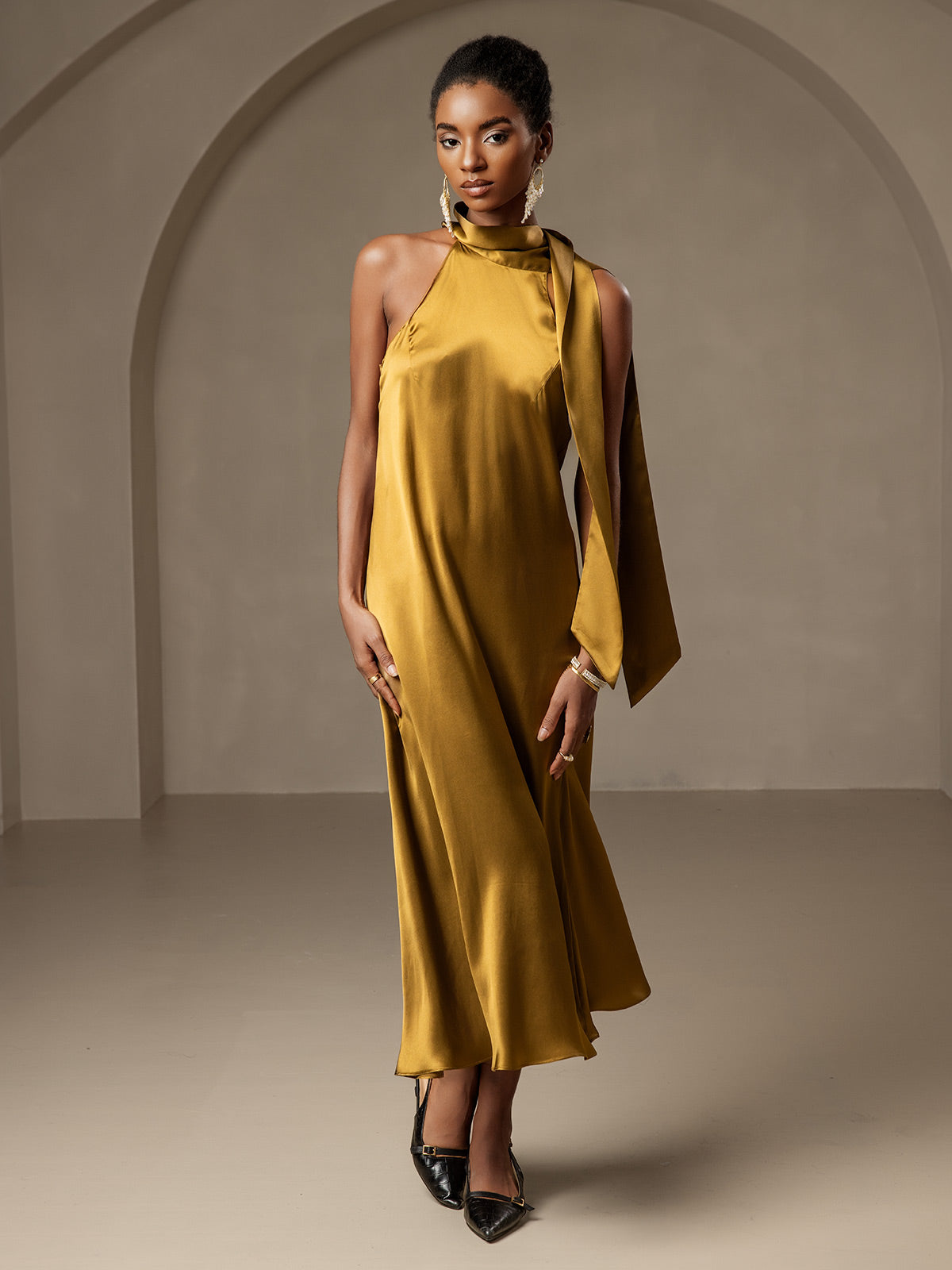 19Momme Seda Cuello Atado Vestido