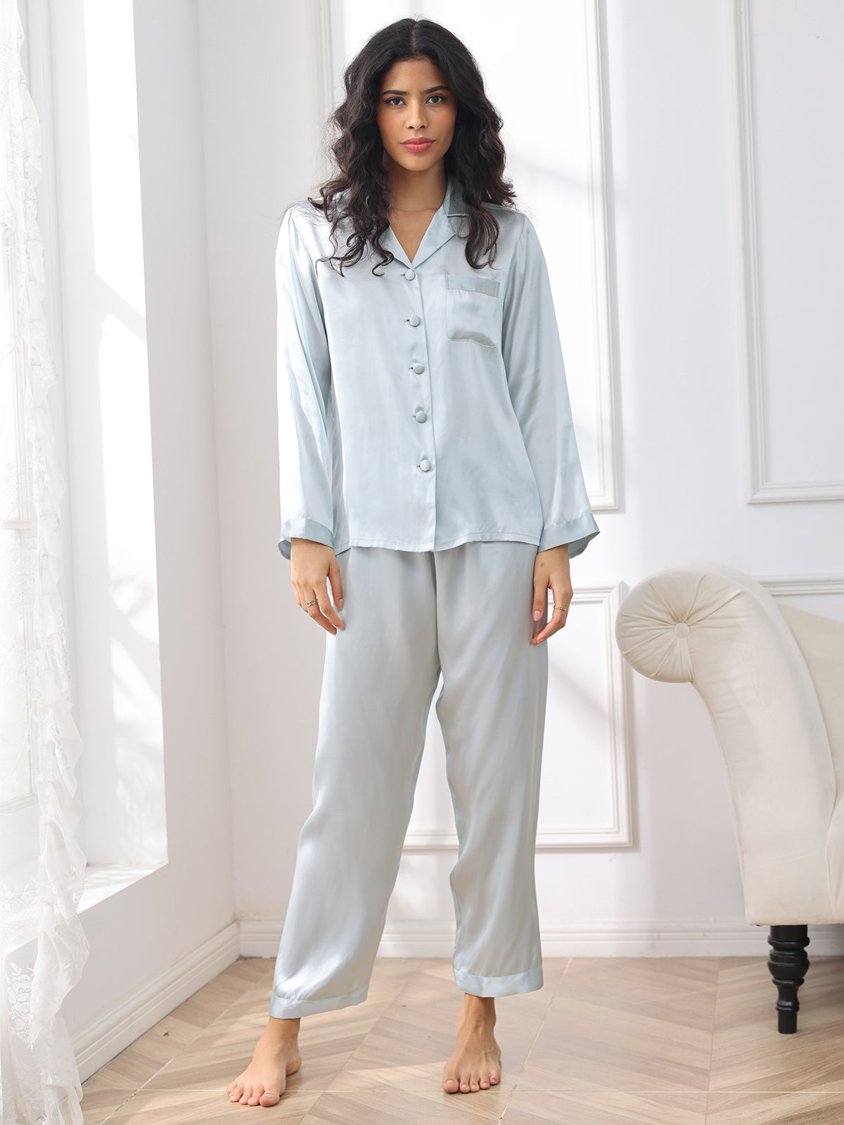 Pijama De Manga Larga De Seda 100% De Morera Para Mujer