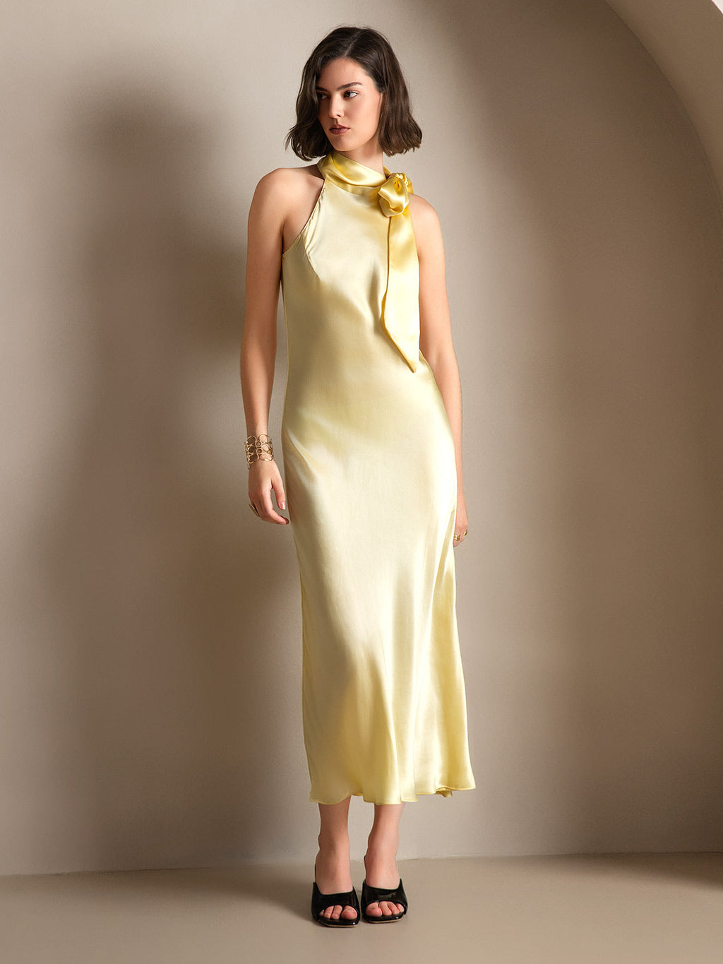 19Momme Seda Cuello Atado Vestido