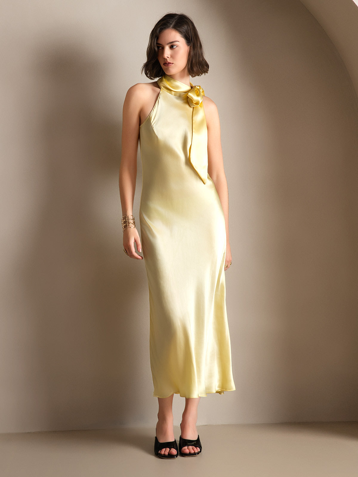 19Momme Seda Cuello Atado Vestido