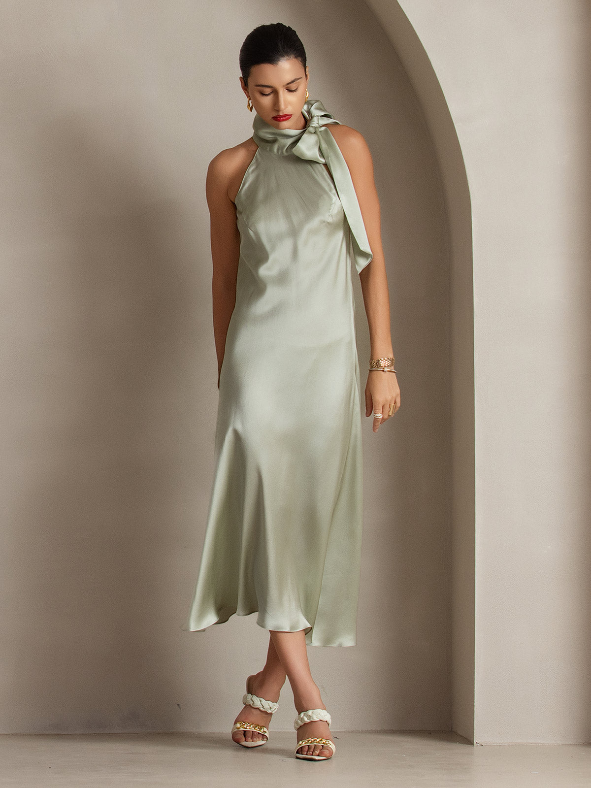 19Momme Seda Cuello Atado Vestido
