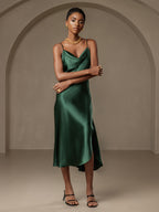 Vestido largo de seda pura con tirantes finos y abertura
