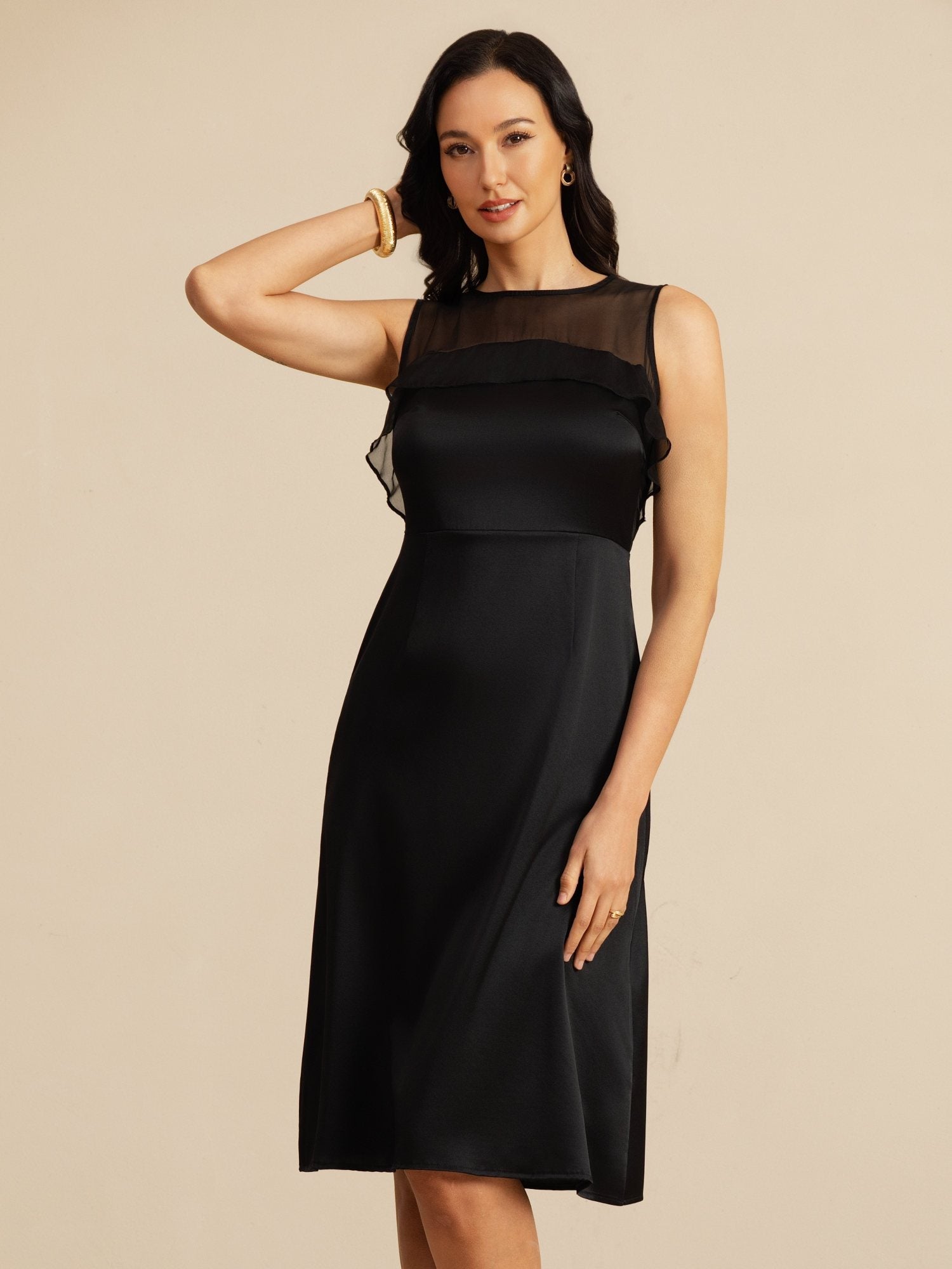 19Momme Seda Pura Cuello Ilusion Vestido Sin Mangas Largo Hasta La Rodilla