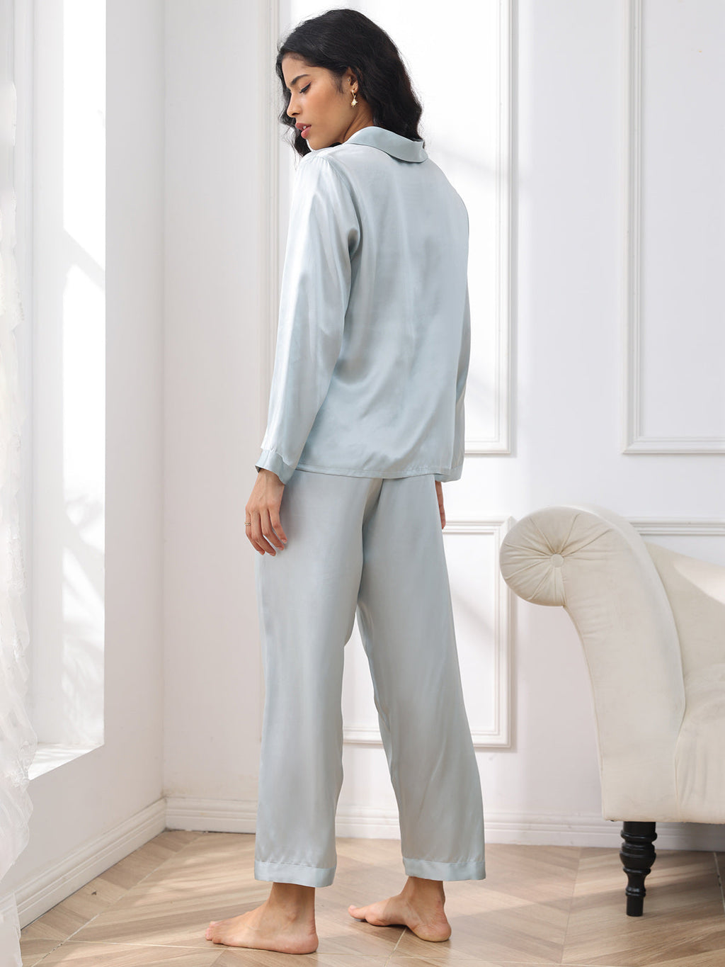 Pijama De Manga Larga De Seda 100% De Morera Para Mujer