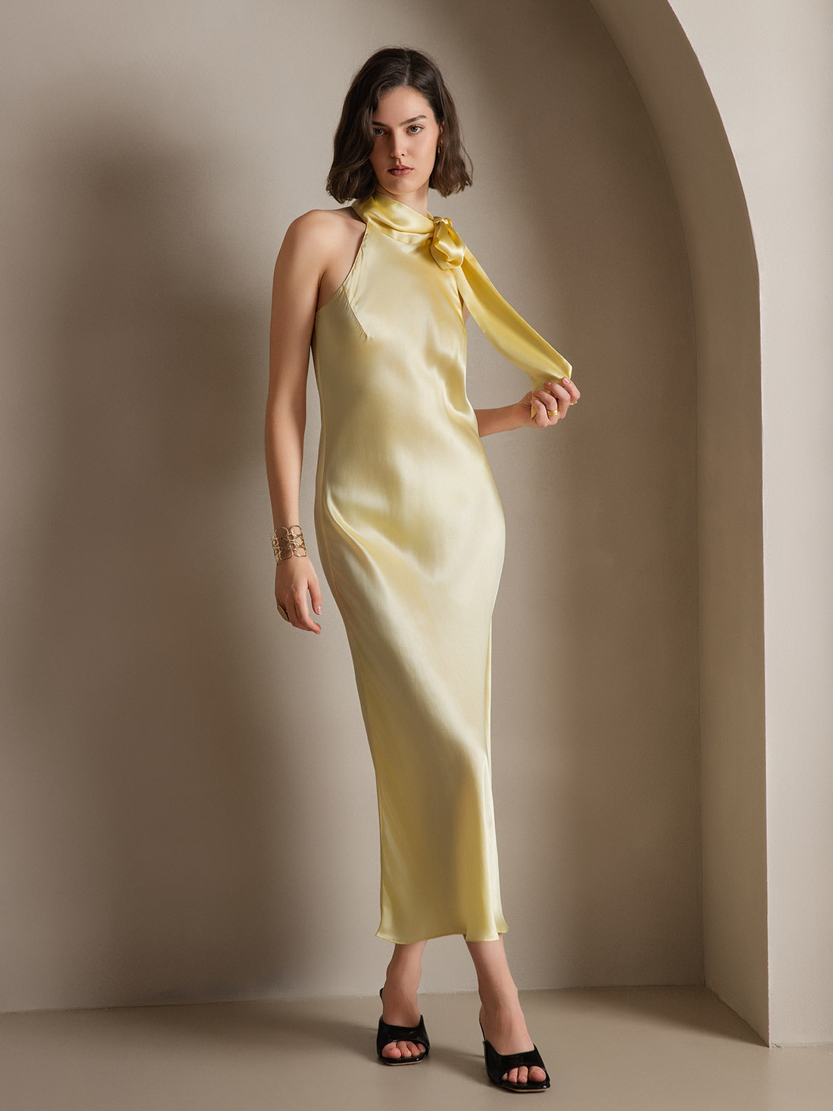 19Momme Seda Cuello Atado Vestido