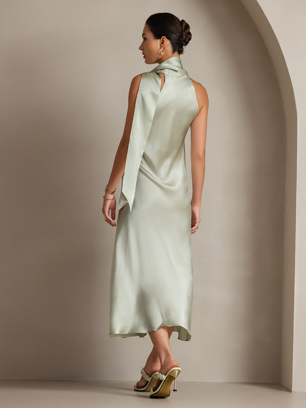 19Momme Seda Cuello Atado Vestido