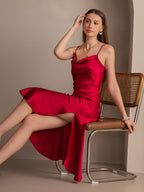 Vestido largo de seda pura con tirantes finos y abertura