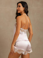 Seda Pura Mujer Sin Mangas Halter Encaje Camisole Set